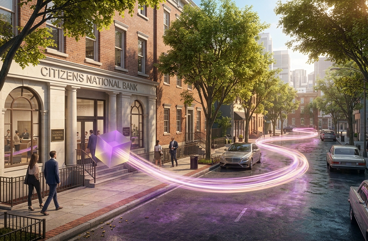 A connected high-street business with network traffic tracing through it